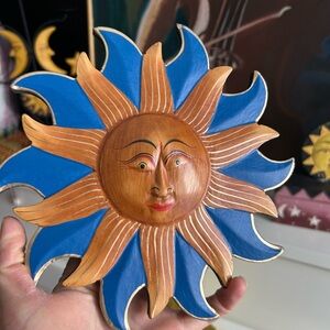 Vintage 7.75" Blue and Brown Sun Wall Decor Whimsy Indonesia